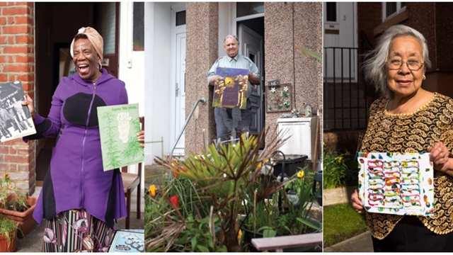 Three photos of older people standing on their doorsteps, one holds a pair of records and two show off art works they have created for the Art by Post project.