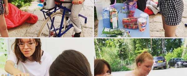 Four images of women enjoying an outdoor smoothie making workshop – two women chop fruit, another powers a blender using a bike and two girls drink cups of the fruit smoothie.