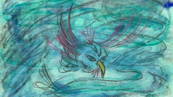 A blue drawing of a bird with the words 'Freedom Flight' written in the bottom left corner