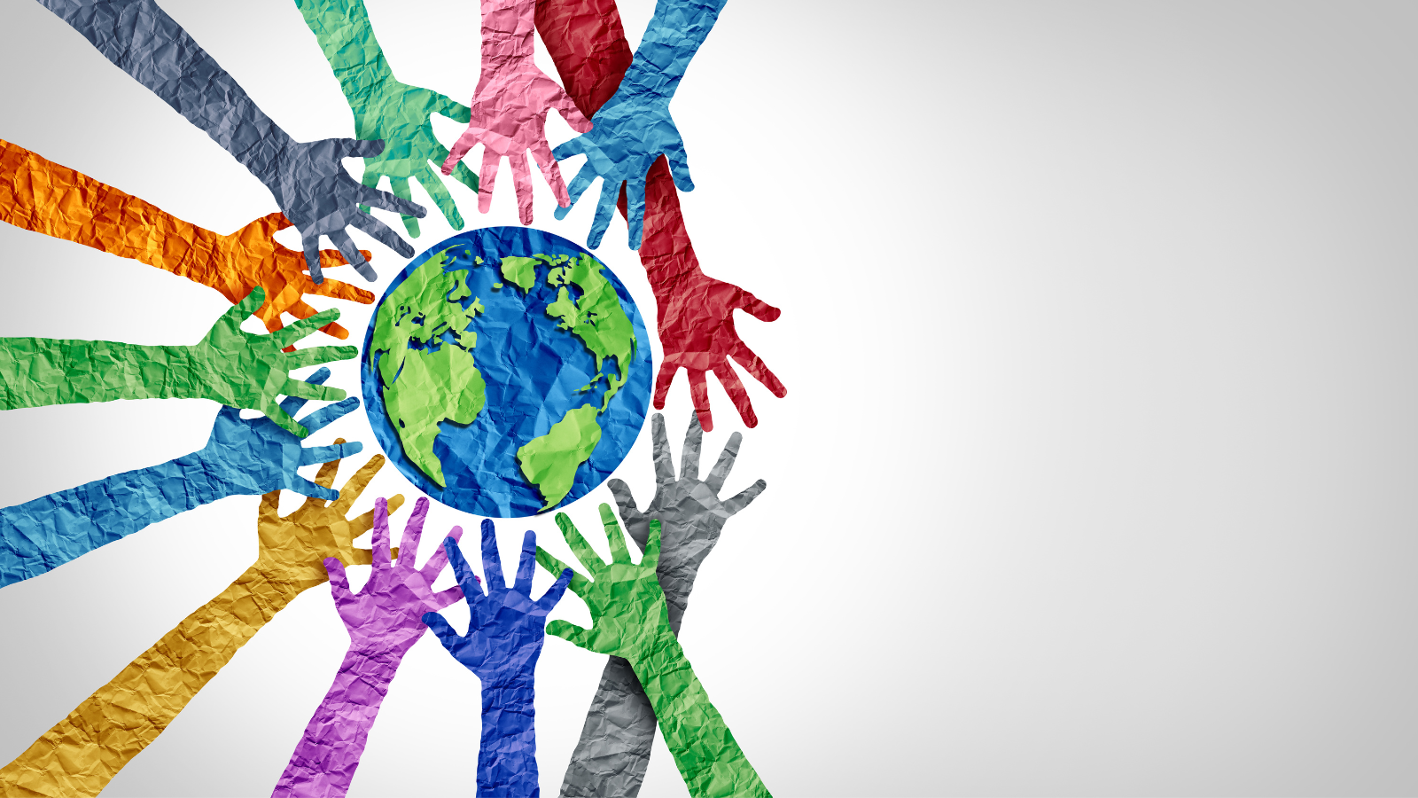 Illustration of global map with multicoloured hands forming a circle around it 