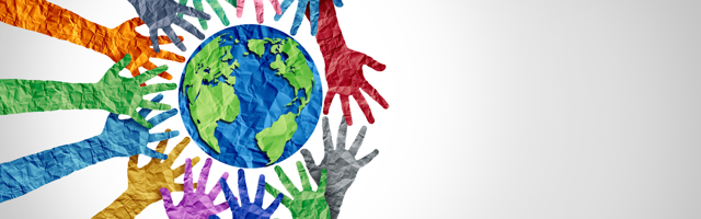 Illustration of global map with multicoloured hands forming a circle around it 