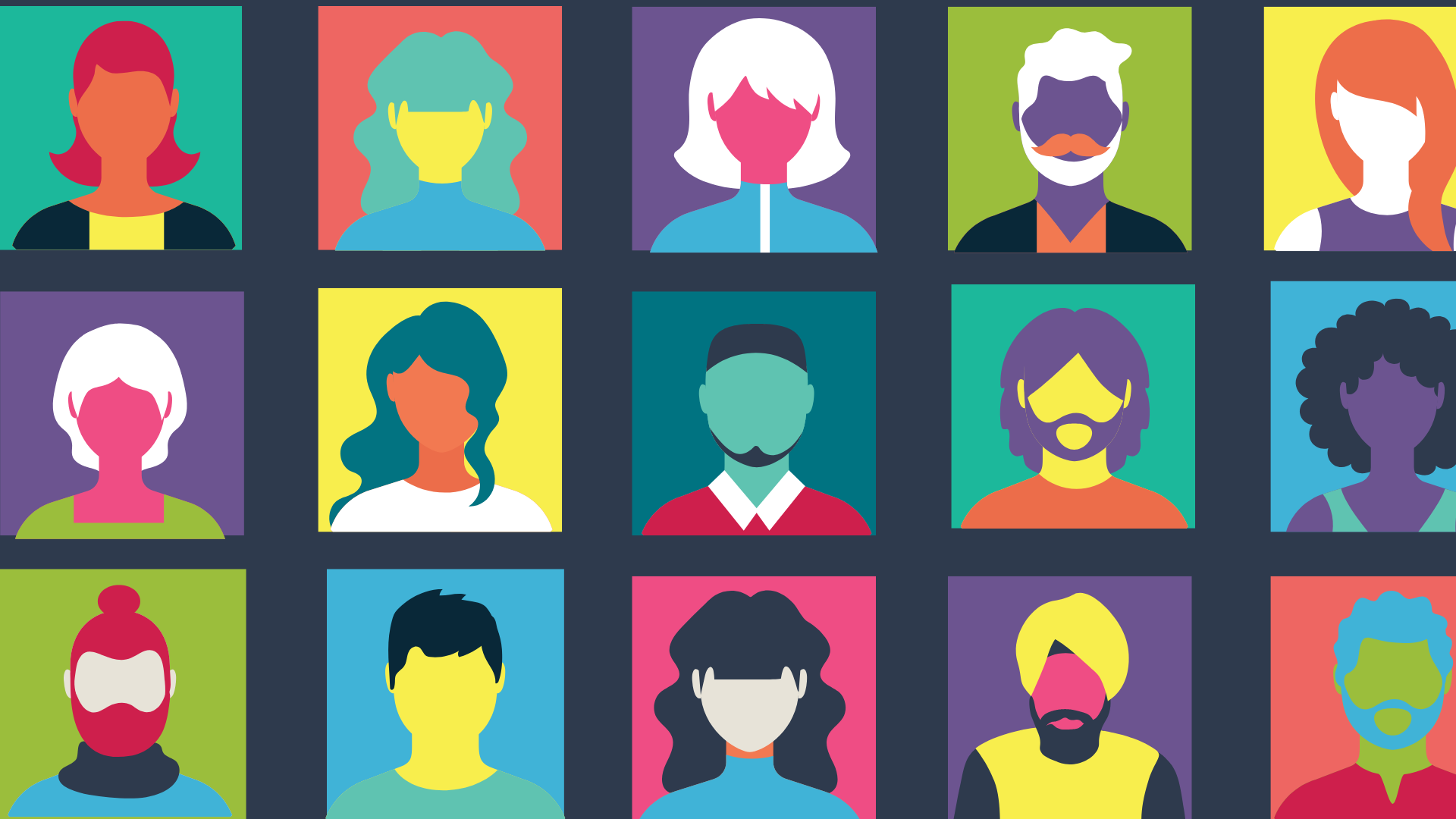 A grid of cartoon headshots in different colours 