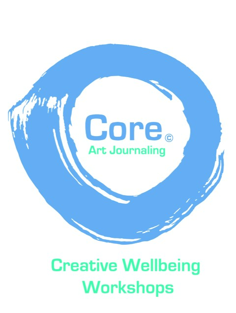 Logo for Core Art Journaling- text inside a blue painted circle