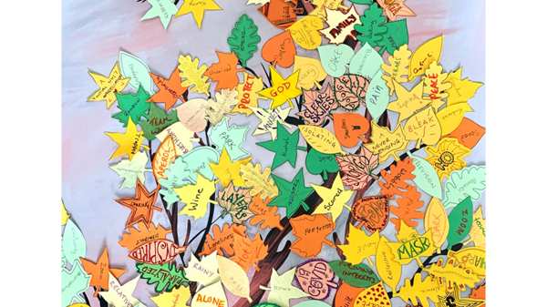 Colourful artwork showing cut out paper leaves with words written on them
