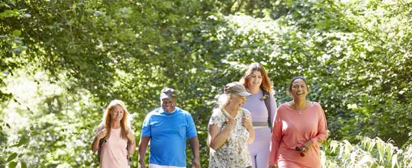 Five people of different ages and ethnicities walk together on a sunny wooded path