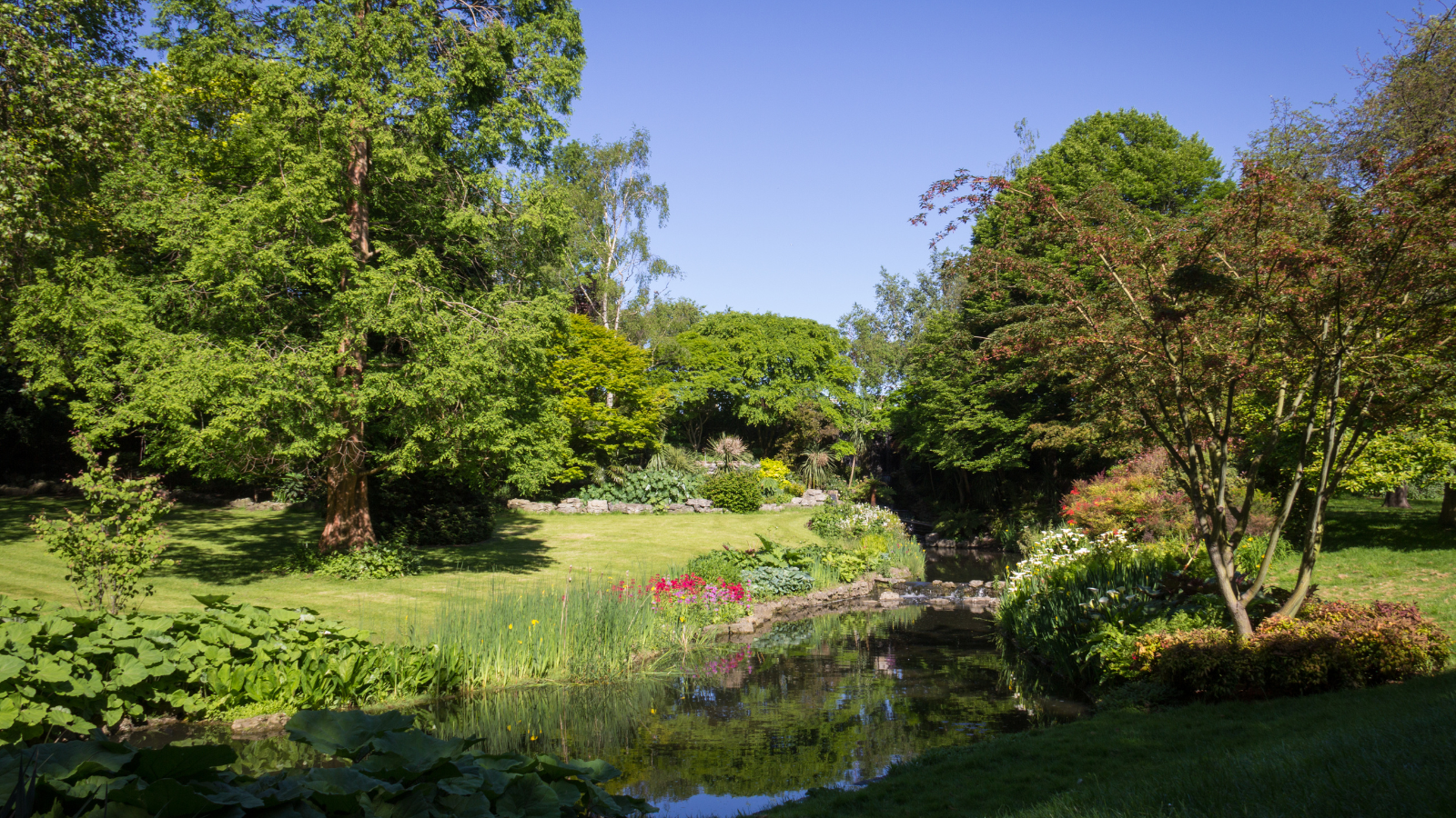 A park on a sunny day with trees, a river and colourful flower beds