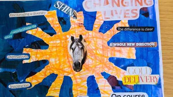 Artwork titled Changing Lives, showing an image of the sun against the blue sky; words come of each of the rays.