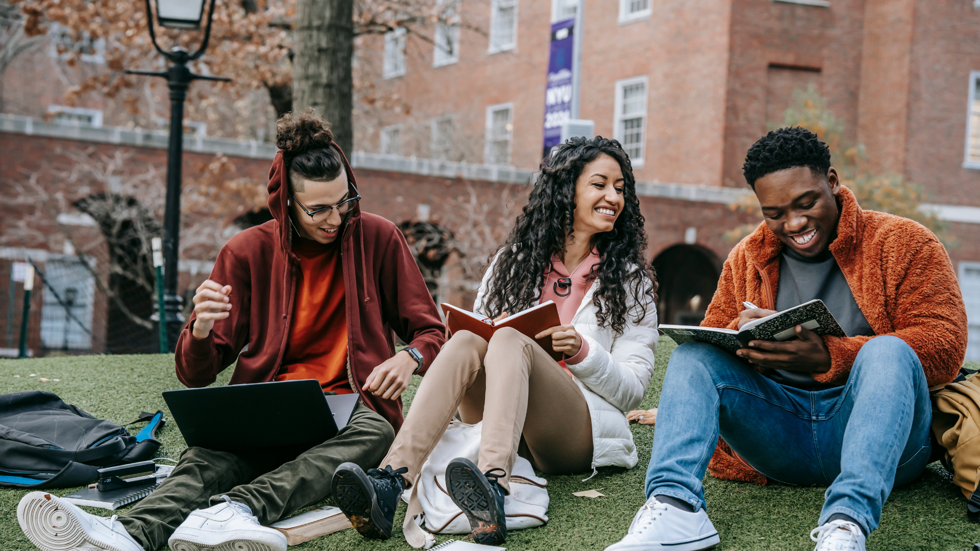 Students sitting together on a college green reading and working 