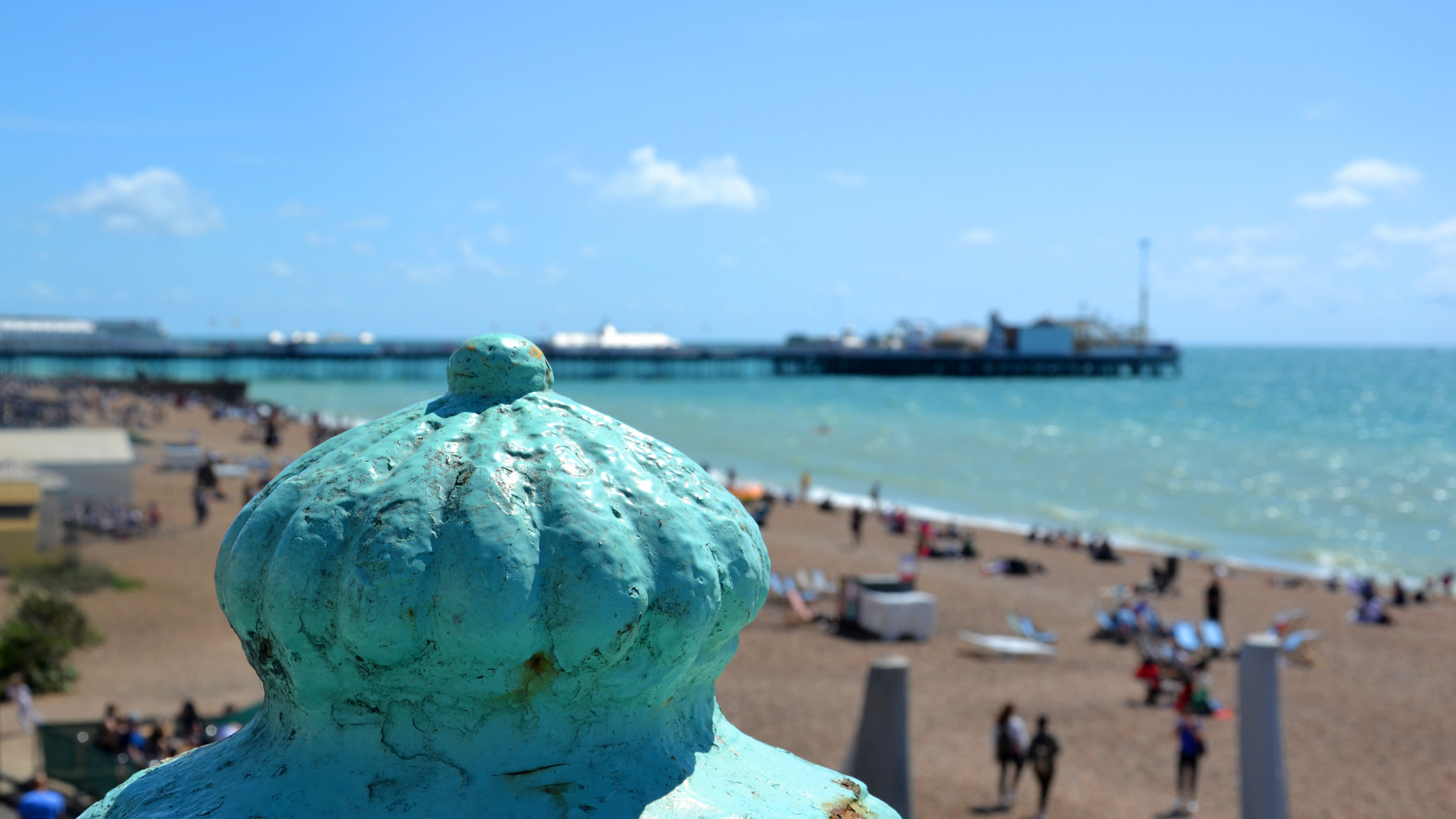 Brighton beach, close up of the blue fencing that lines this coast 