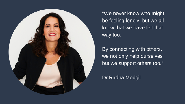 An image of Dr Radha Modgil with a quote