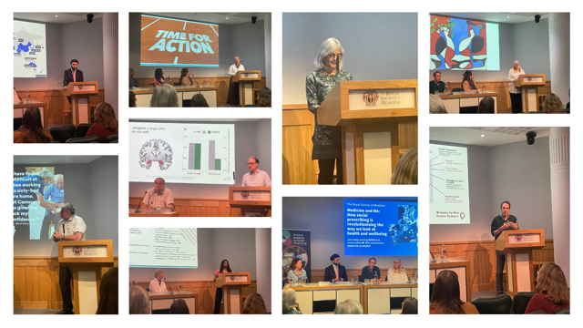 collage of images of people speaking on a stage and a panel of speakers