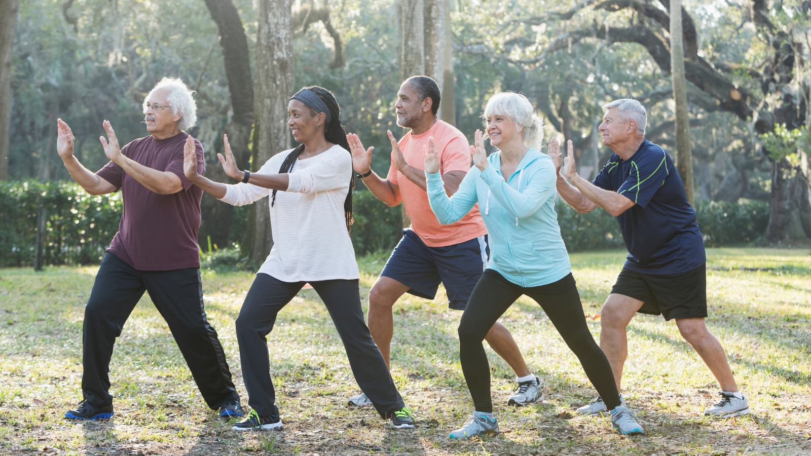 A group of older adults take part in an exercise class at a park