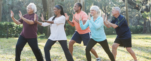 A group of older adults take part in an exercise class at a park